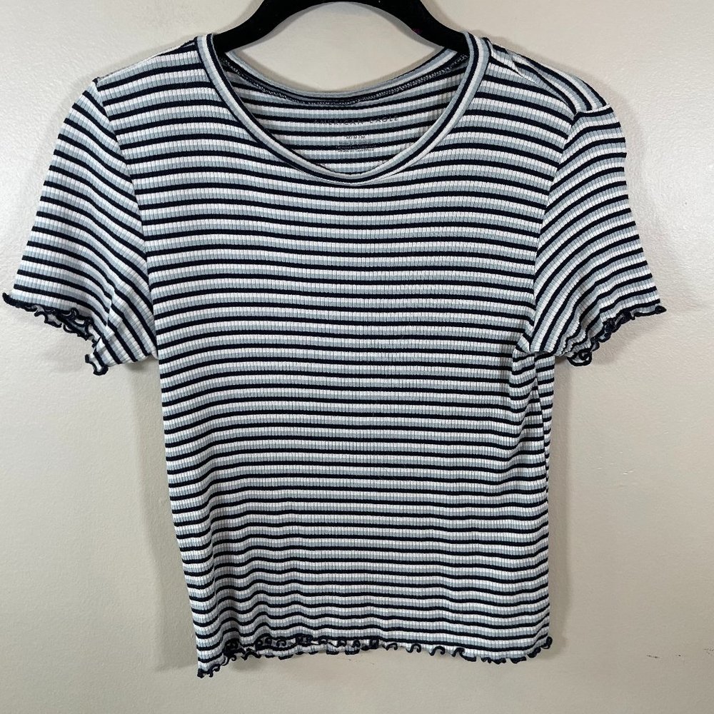 American Eagle Navy Blue Striped Shirt with Lettuce Hem